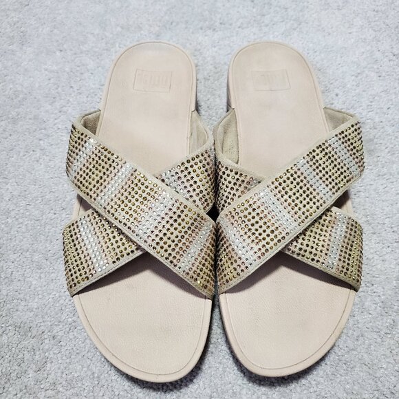 FITFLOP Slip-On Sequin Strobe Slide Sandals Stretch Beach Gold Silver Women's 11 - Picture 2 of 11